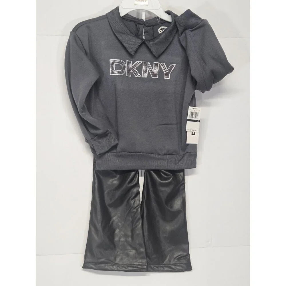 DKNY Girls S- 5‎ 2Pc Outfit, Sparkling Stone Logo Sweatshirt, Black Flared Pants